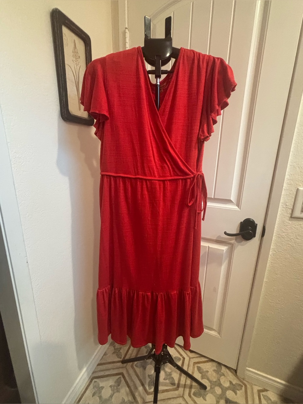Max Studio Red Wrap-Front Midi Dress with Ruffled Hem